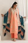 Buy_Wazir C_Peach Organza, Silk, Cotton Embroidery V-neck Nargis And Teal Blue Cape Set _at_Aza_Fashions