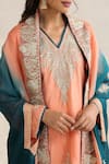 Shop_Wazir C_Peach Organza, Silk, Cotton Embroidery V-neck Nargis And Teal Blue Cape Set 