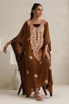 Buy_Wazir C_Brown Georgette, Cotton Embroidery Round Neck Nargis Kaftan Set _at_Aza_Fashions