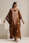Wazir C_Brown Georgette, Cotton Embroidery Round Neck Nargis Kaftan Set _at_Aza_Fashions
