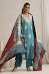 Buy_Wazir C_Blue Silk, Cotton, Organza Embroidery, Zari V-neck Nargis Kurta Set _at_Aza_Fashions