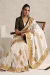 Shop_Wazir C_Green Silk Embroidery V-neck Nargis And Off White Aari Work Saree Set _Online_at_Aza_Fashions