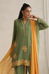 Wazir C_Green Georgette, Silk Embroidery V-neck Mehandi Aari Kurta Set _at_Aza_Fashions