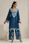 Shop_Wazir C_Blue Cotton, Silk Embroidery, Tassels Round Neck Nargis Navy Kurta Set _Online_at_Aza_Fashions
