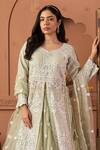 Tasuvure Indes_Green Net Sequins, Embroidery Round Neck Long Jacket Lehenga Set _Online_at_Aza_Fashions