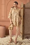 Tasuvure Indes_Beige Net Sequins Mandarin Collar Kurta Pant Set _at_Aza_Fashions