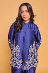Buy_Myra Clothing Line_Navy Cotton Embroidery Mandarin Collar Blue Kurta Pant Set _Online_at_Aza_Fashions