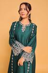 Myra Clothing Line_Green Satin, Cotton Embroidery Split V-neck Straight Kurta Set _Online_at_Aza_Fashions