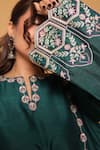 Shop_Myra Clothing Line_Green Satin, Cotton Embroidery Split V-neck Straight Kurta Set _Online_at_Aza_Fashions