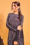 Shop_Myra Clothing Line_Gray Crepe Embroidery Round Neck Grey Kurta Set _at_Aza_Fashions