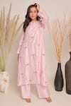 Shop_Myra Clothing Line_Pink Cotton Embroidery Round Neck Slub Straight Kurta Set _at_Aza_Fashions