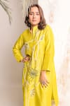 Shop_Myra Clothing Line_Green Cotton Embroidery Mandarin Collar Neon Floral Kurta Set _at_Aza_Fashions