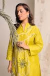 Shop_Myra Clothing Line_Green Cotton Embroidery Mandarin Collar Neon Floral Kurta Set _Online_at_Aza_Fashions