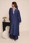 Shop_Myra Clothing Line_Navy Crepe Embroidery Round Neck Blue Kurta Set _at_Aza_Fashions