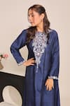 Buy_Myra Clothing Line_Navy Crepe Embroidery Round Neck Blue Kurta Set _Online_at_Aza_Fashions