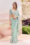 Mishru_Green Tulle Sequins, Embroidery, Beads Square Neck Silene Designer Saree Set _Online_at_Aza_Fashions