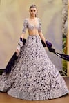Shop_Mishru_Purple Organza Embroidery Plunge Neck Caradonna Designer Lehenga Set _at_Aza_Fashions