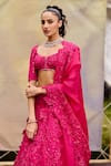 Mishru_Fuchsia Organza Sequins, Embroidery, Beads V-neck Novae Lehenga Set _Online_at_Aza_Fashions