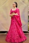 Shop_Mishru_Fuchsia Organza Sequins, Embroidery, Beads V-neck Novae Lehenga Set _at_Aza_Fashions