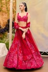 Shop_Mishru_Red Tulle, Organza Embroidery, Sequins Sweetheart Neck Adonis Lehenga Set _at_Aza_Fashions