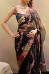 Mishru_Black Tulle Embroidery Round Neck Floral Saree Set _Online_at_Aza_Fashions