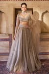 Buy_Cedar & Pine_Taupe Organza, Tulle Sequins, Embroidery Round Brown Embellished Lehenga Set _at_Aza_Fashions