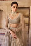 Cedar & Pine_Taupe Organza, Tulle Sequins, Embroidery Round Brown Embellished Lehenga Set _Online_at_Aza_Fashions