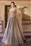 Buy_Cedar & Pine_Taupe Organza, Tulle Sequins, Embroidery Round Brown Embellished Lehenga Set _Online_at_Aza_Fashions