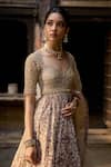 Buy_Cedar & Pine_Beige Organza, Tulle Embroidery, Sequins Sweetheart Neck Floral Anarkali Set _Online_at_Aza_Fashions