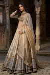 Cedar & Pine_Beige Brocade, Georgette, Organza Embroidery, Sequins And Green Mehfil Lehenga Set _Online_at_Aza_Fashions