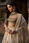 Buy_Cedar & Pine_Beige Brocade, Georgette, Organza Embroidery, Sequins And Green Mehfil Lehenga Set _Online_at_Aza_Fashions