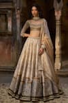 Buy_Cedar & Pine_Beige Brocade, Georgette, Organza Embroidery, Sequins And Green Mehfil Lehenga Set _at_Aza_Fashions