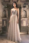 Buy_Cedar & Pine_Taupe Organza Embroidery Sweetheart Neck Brown Anarkali Set _at_Aza_Fashions