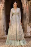 Buy_Cedar & Pine_Green Organza, Tulle Sequins, Embroidery V-neck And Fusion Lehenga Set _at_Aza_Fashions