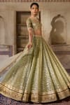Cedar & Pine_Green Tulle, Organza, Silk Sequins, Embroidery V-neck Henna Lehenga Set _Online_at_Aza_Fashions