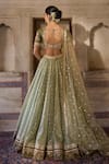 Shop_Cedar & Pine_Green Tulle, Organza, Silk Sequins, Embroidery V-neck Henna Lehenga Set _at_Aza_Fashions