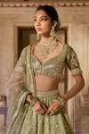 Shop_Cedar & Pine_Green Tulle, Organza, Silk Sequins, Embroidery V-neck Henna Lehenga Set _Online_at_Aza_Fashions