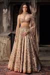 Buy_Cedar & Pine_Ivory Brocade, Organza, Silk Beads, Sequins Sweetheart Neck Floral Lehenga Set _at_Aza_Fashions