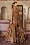 Shop_Cedar & Pine_Brown Organza, Silk Sequins, Embroidery Round Neck Gold Lehenga Set _Online_at_Aza_Fashions
