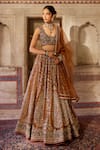 Buy_Cedar & Pine_Brown Organza, Silk Sequins, Embroidery Round Neck Gold Lehenga Set _at_Aza_Fashions