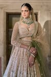 Cedar & Pine_Ivory Organza, Tulle Sequins, Zari, Embroidery Sweetheart And Green Lehenga Set _Online_at_Aza_Fashions
