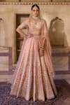 Buy_Cedar & Pine_Blush Silk, Organza Embroidery, Beads, Sequins Round Neck Pink Lehenga Set _at_Aza_Fashions