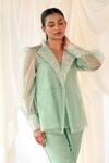 Aanchal Vijaywargi_Mint Organza, Chanderi Embroidery V-neck Whisper Coord Green Set _Online_at_Aza_Fashions