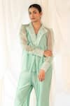 Buy_Aanchal Vijaywargi_Mint Organza, Chanderi Embroidery V-neck Whisper Coord Green Set _Online_at_Aza_Fashions