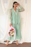 Buy_Aanchal Vijaywargi_Mint Organza, Chanderi Embroidery V-neck Whisper Coord Green Set _at_Aza_Fashions