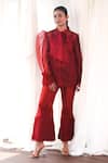 Buy_Aanchal Vijaywargi_Red Organza Lace Open Neck Echo Puff Sleeve Shirt  _Online_at_Aza_Fashions