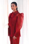 Shop_Aanchal Vijaywargi_Red Organza Lace Open Neck Echo Puff Sleeve Shirt  _Online_at_Aza_Fashions