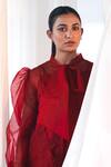 Buy_Aanchal Vijaywargi_Red Organza Lace Open Neck Echo Puff Sleeve Shirt  