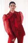 Buy_Aanchal Vijaywargi_Red Organza Lace Open Neck Echo Puff Sleeve Shirt  _at_Aza_Fashions