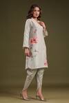 Label Niti Bothra_Green Silk, Chanderi Embroidery Split V-neck Noor Striped Kurta Set _Online_at_Aza_Fashions